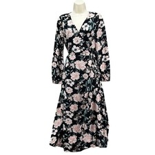 Gianni Bini Maxi Wrap Dress Black Peach Pink Floral Long Sleeve Lined Size XS
