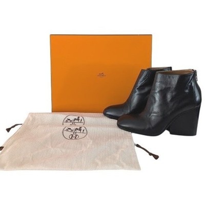 Hermes Milady Black Leather Wedge Ankle Boots Size 39.5/US9