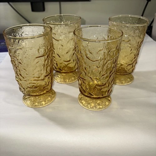 VTG 4 Amber Lido Milano  Anchor Hocking 12 Oz Footed Tumblers  5 3/4’’ Tall