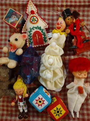 Lot Of Vtg 60s-80s Christmas Ornaments Kitschy Jewel Brite Flocked Adler Clown 