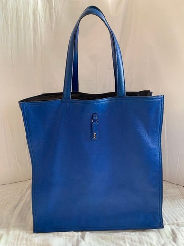 Yves Saint Laurent YSL Leather Tote Bag Vertical Handbag Royal Blue