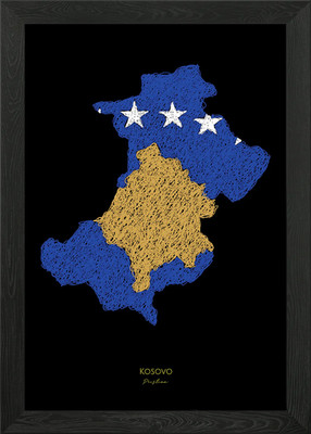 KOSOVO PRISTINA FLAGGE KARTE Gerahmtes Wandbild Poster Leinwanddruck Bild