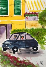 Car Amalfi Italy Cityscape Original Watercolor Painting 9 x 12 inches