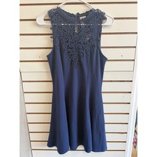 Alya Navy Blue Crochet Lace High Neck Chevron Knit Fit and Flare Skater Dress M