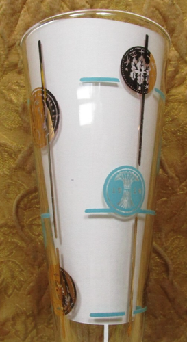 4 MCM LIBBEY glass pilsner beer 8.5"h tumblers w/turquoise & gold coin graphics - Picture 5 of 7
