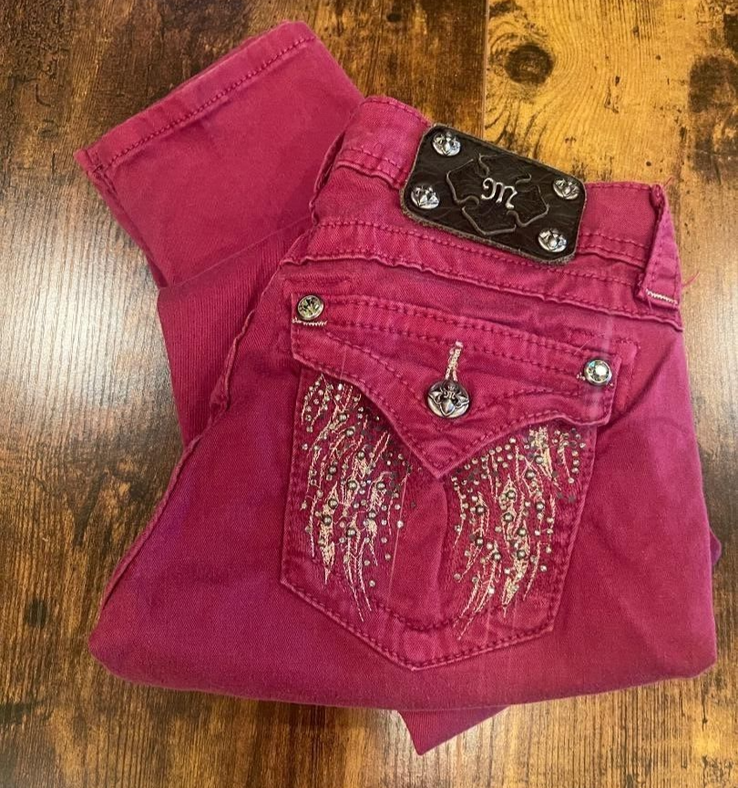 Miss Me Womens Embroidered Raspberry Denim Jeans with Wings Studs Size 27
