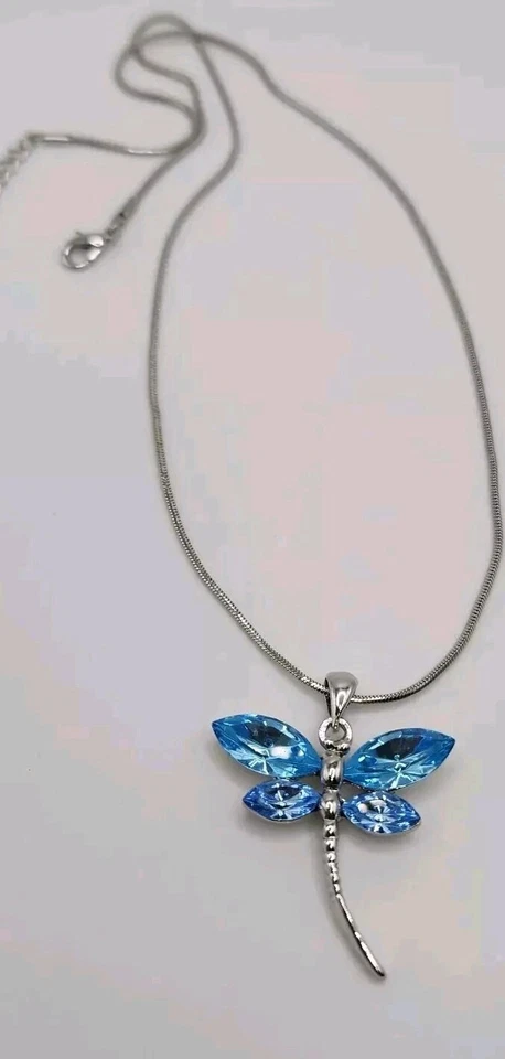 Colgante Libélula Azul Aqua Cristal Swarovski Tono Plata 19" Cadena Ajustable LEER Foto 3 de 4