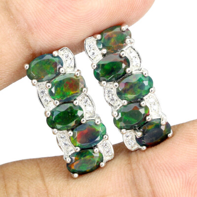 Boucles D'oreilles Argent 925 Avec Opale De Feu Et Spinelle - Forme Ovale, Multicolore, Marque GemsPorium, Neuf