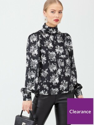 V by Very High Neck Long Sleeve Floral Printed Satin Blouse - Black UK 6