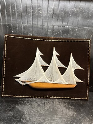 Vintage String Art ,Sailing Ship On Velvet Lg Size 34in X24 In