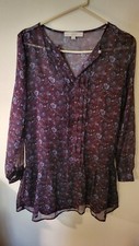 LOFT XS Dress Clip Tiered Floral Navy Blue Mauve Lace Trim 3/4 Sleeve Sheer