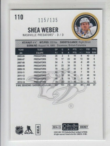 14/15 OPC Platinum Nashville Predators Shea Weber Red Prism card #110 Ltd #/135 - Picture 2 of 2