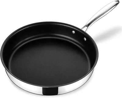 BRANDED 12 inch Frying Pan, Stainless Steel 3-ply Non Stick Skillet Frying Sauté Pan ...