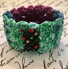 CUFF/BRACELET Handmade in Shades of Blue and Green Fiber Embellished w/Vtg Charm