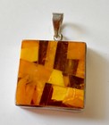 Vintage Sterling Silver Polish Baltic Amber 40mm 1.25” Square Medallion Pendant — photo 1