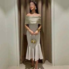 Off the Shoulder Prom Gown Sheath Half Sleeves Evening Dresses Backless