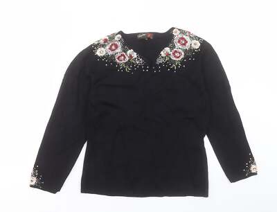 Stephan Damen Pullover schwarz V-Ausschnitt Viskosemischung Größe S - Blumendetail