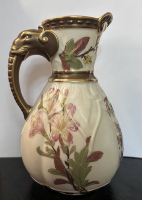 Antique Royal Worcester porcelain pitcher w/hand-painted florals, elephant handl