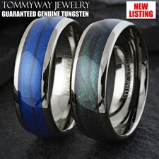 Gunmetal Tungsten Carbide Green or Blue Flowing Sand Wedding Band Ring