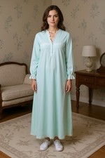 Vtg Barbizon Satin Long-Sleeve Nightgown M Light Blue Lace Trim Polyester/Cotton