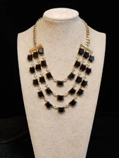 Gorgeous Charming Charlie 3 Layered Gold Tone Black Glass And Crystal Necklace