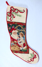 Wool Needlepoint Christmas Stocking Vintage Handmade Santa and Child 21  Long