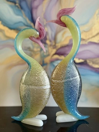Murano Handblown Glass Swans - Vintage Pair of Bird Figurines Italian Sculpture