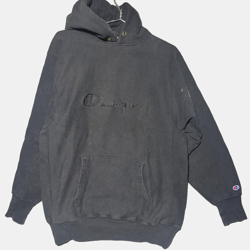 Vintage 90s Black Faded Champion Reverse Weave Hoodie Embroidered Sweatshirt XXL - Image 1