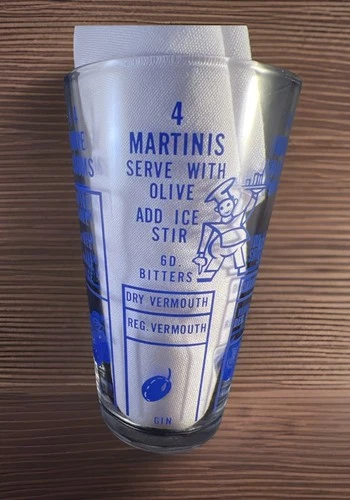 Vintage MCM Bartender Cocktail Recipe Mixed Drink Glass Shaker 6" Blue Print