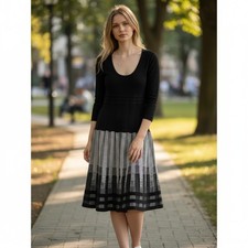 Max Studio Black Grey Geometric Knit Fit & Flare Scoop Neck Wool Blend  Dress S