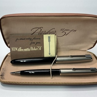 Parker 51 Fountain Pen and Pencil Set with Original Case Aero-metric Blk Silver