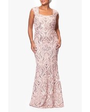 Xscape Sand Blush Sequin Floral Applique Sheath Gown Dress Size 14 $308