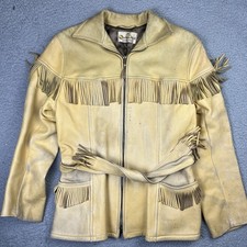 VTG Sportsman Mfg Soft Deerskin Leather Belted Fringe Jacket Coat Made in USA