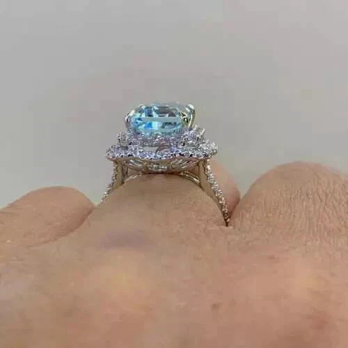 3 Ct Emerald Cut Aquamarine & Diamond 14K White Gold Finish Halo Engagement Ring - Image 2 of 4