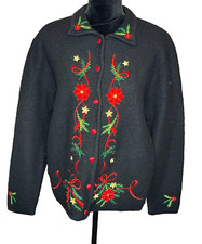Vintage Karen Scott sport wool embroidered cardigan poinsettia Size XL