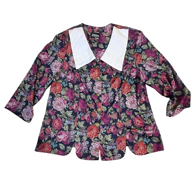 #ad Whirlaway Frocks Floral Blouse Lace Collar Button Front Vintage 16 WP $9.80