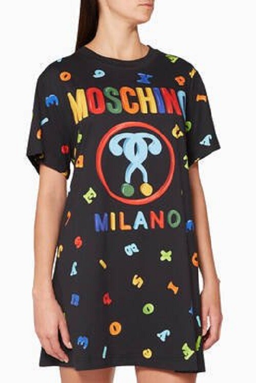 MOSCHINO Milano Black Letter Number Print Cotton T-Shirt Mini Dress 4 = S 34/38
