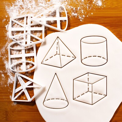 Set of 4 Geometry Shape Cookie Cutters 3D Cone, Cube, Cylinder, Pyramid maths