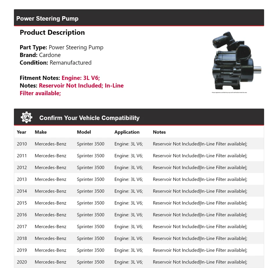 For 2010-2020 Mercedes-Benz Sprinter 3500 3L V6 Power Steering Pump Cardone 2011 - Image 2 of 4