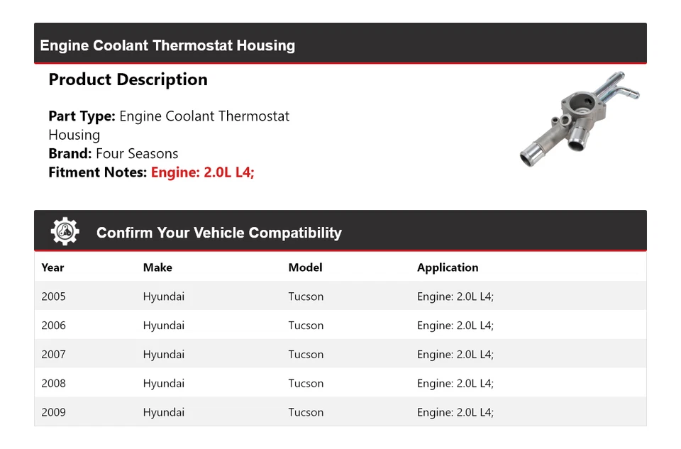 适用于 2005 - 2009 现代图森 2.0 升 L4 发动机冷却液恒温器外壳 4 季 — 第 2/4 张图片