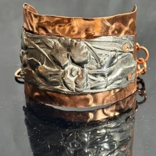 Antique Silver Floral Copper Cuff Bracelet Baroque Victorian Southwestern Gift