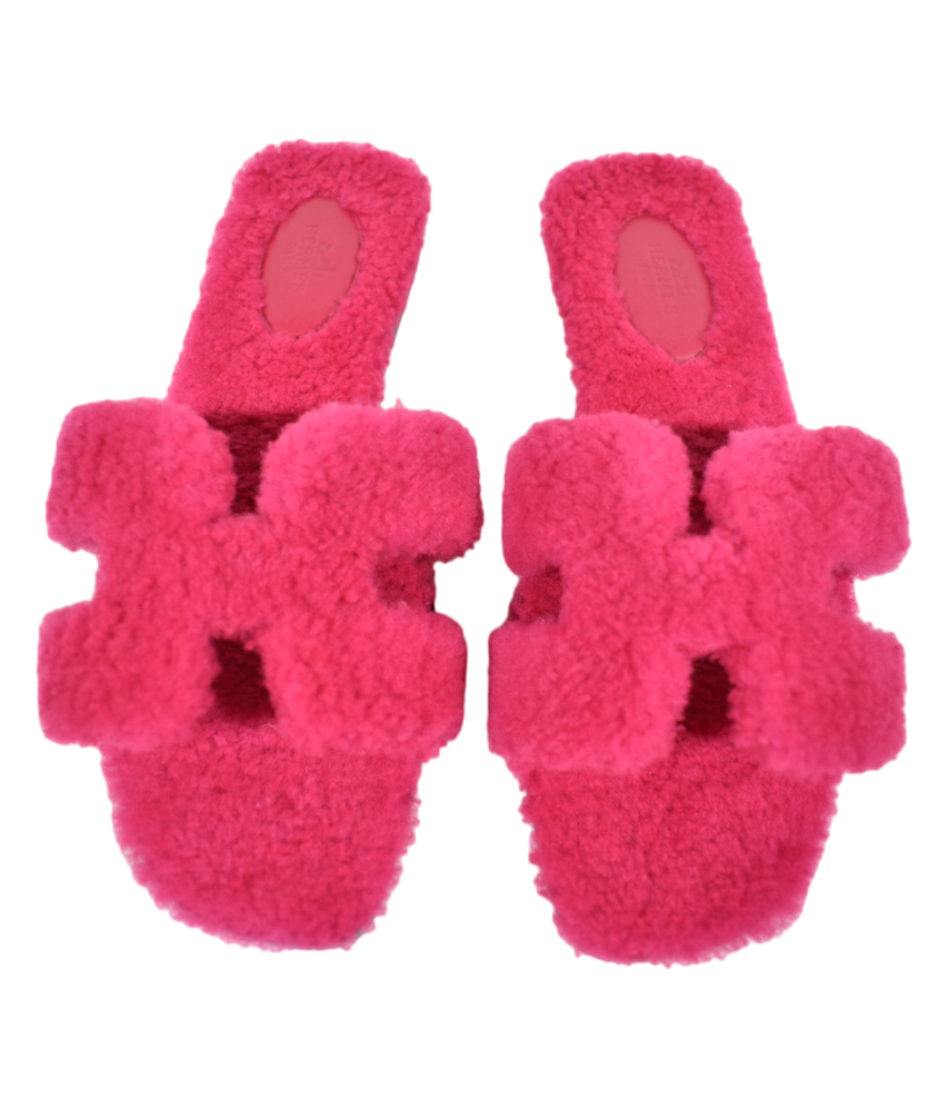 Hermes Oran Teddy Shearling Fur Pink H Logo Slide Sandal Mule Flat - Main Image