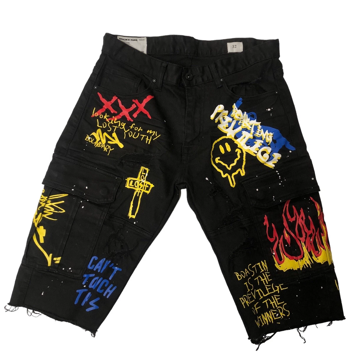 Smoke Rise Men s 32 Black Graffiti Twill Distressed Cargo Shorts