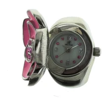 Ladie's cute pink flower Ring watch with pink crystals, silver tone ring