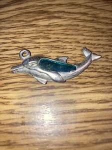Vintage Dolphin Porpoise Pendant , Silvertone 2" with blue accent