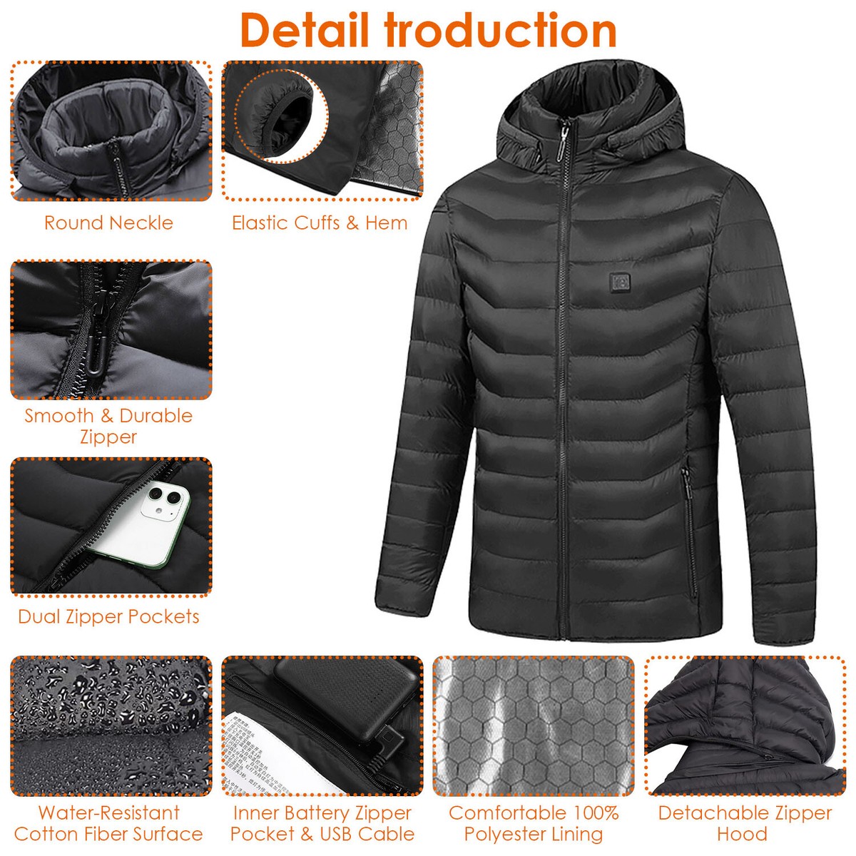 Heated Jacket 8 Heating Zones Hooded Jacket Coat With 20000mAh Battery Pack Heated Jacket 8 Heating Zones Hooded Jacket Coat With 20000mAh Battery Pack