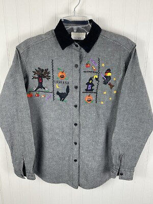 Casey & Max Women's Gray Halloween Embroidered Shirt with Corduroy Collar Size S
