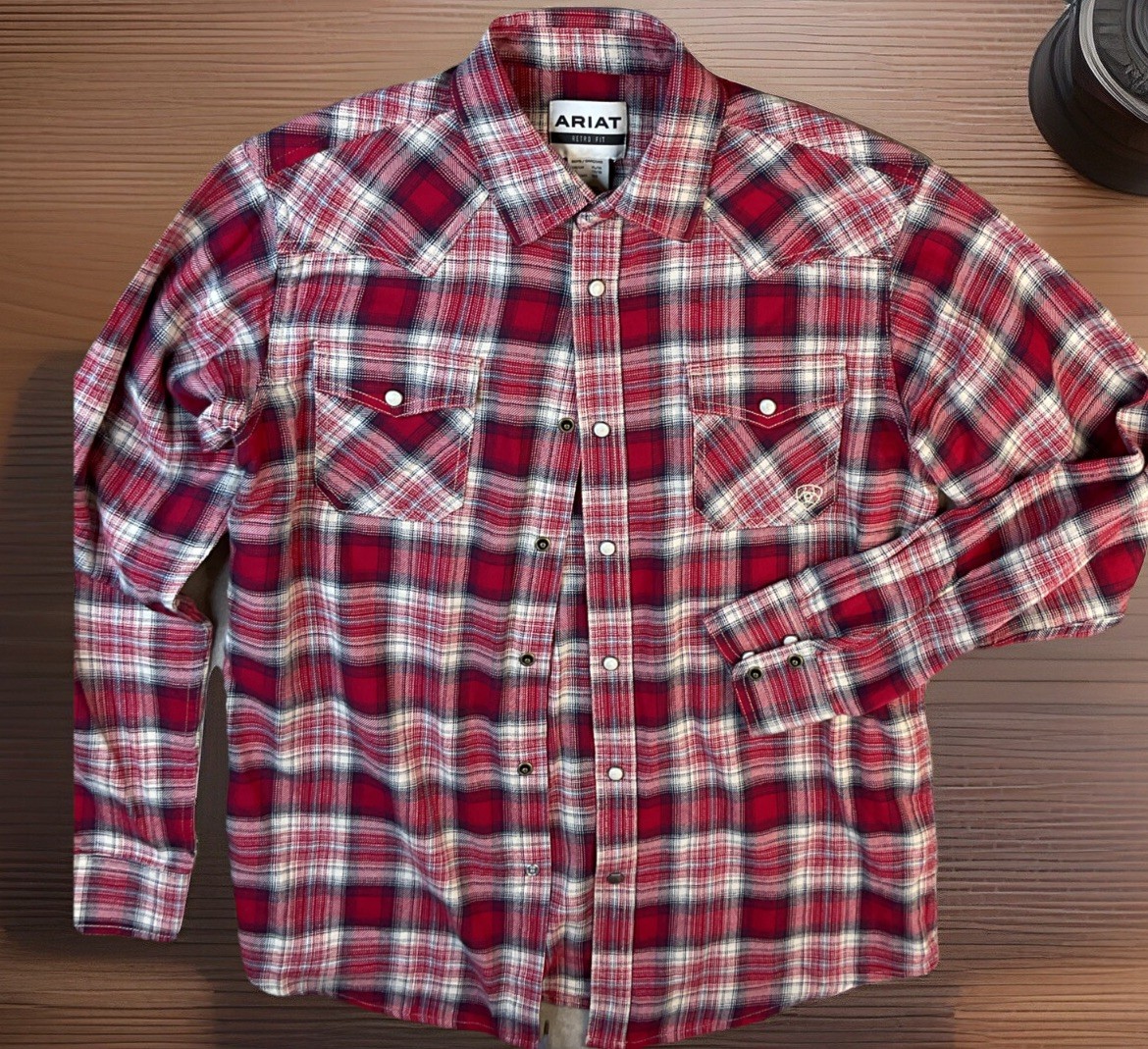 Ariat Western Shirt Boys Sz XL  Retro Fit Flannel Pearl Snap Plaid Long Sleeve