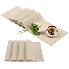 5 Set Beige Table Runner, Placemats, Heat Resistant, Non-Slip PVC Vinyl Woven