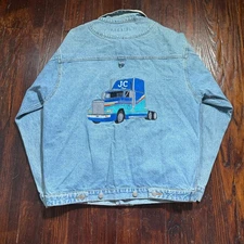 Vintage Trucker Jacket Mens XL Blue Semi Truck Embroidered 80s Denim Jean
